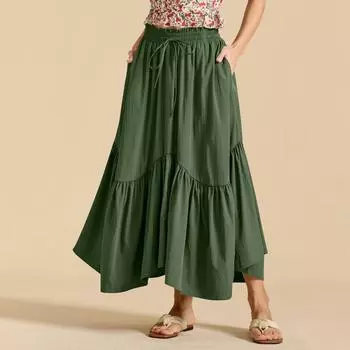 Женская модная однотонная юбка с высокой талией и эластичным поясом, с широкими карманами, в стиле ретро, с полудлинной юбкой L армия зеленый