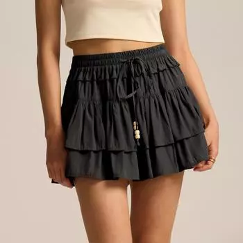 Женская модная однотонная юбка с высокой талией и эластичным поясом на шнурке L чёрный