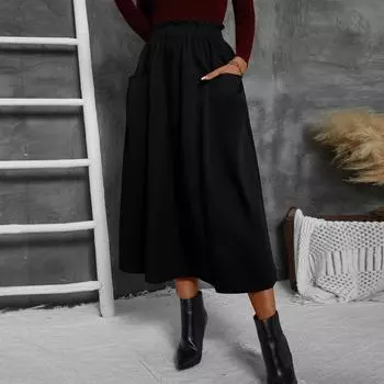 Женская модная однотонная юбка-трапеция с эластичным поясом и свободными карманами L чёрный