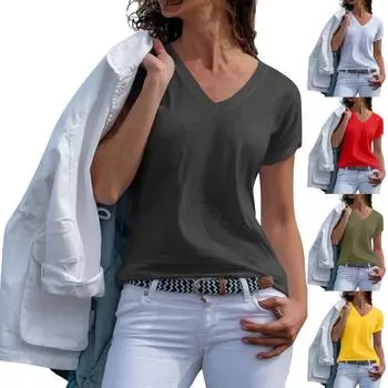 Женская модная однотонная винтажная повседневная футболка с v-образным вырезом и коротким рукавом