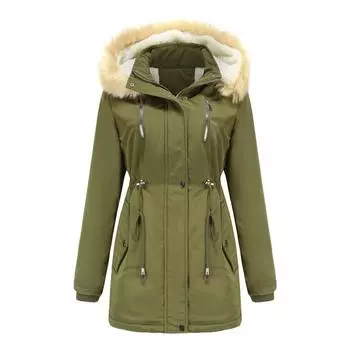 Женская модная однотонная зимняя хлопковая свободная хлопковая одежда со съемным капюшоном и стеганой курткой L армия зеленый