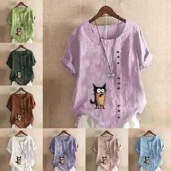 Женская модная оранжевая футболка с коротким рукавом с принтом кота, свободная хлопковая рубашка, повседневная свободная летняя блузка, топы больших размеров S розовый