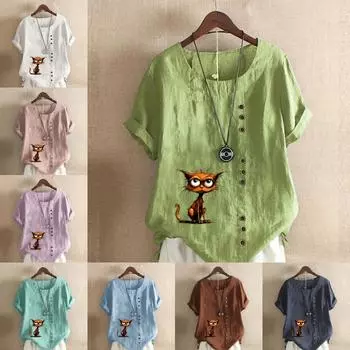 Женская модная оранжевая футболка с коротким рукавом и принтом мультяшного кота, свободная хлопковая рубашка, повседневная свободная летняя блузка, топы больших размеров S розовый