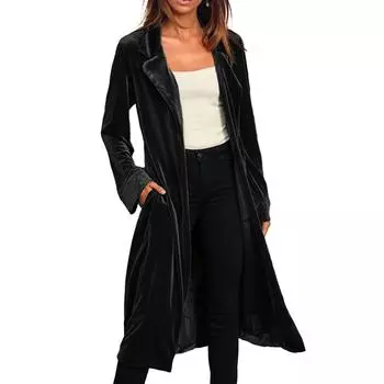 Женская модная осенне-зимняя куртка-кардиган, золотая бархатная длинная ветровка L чёрный