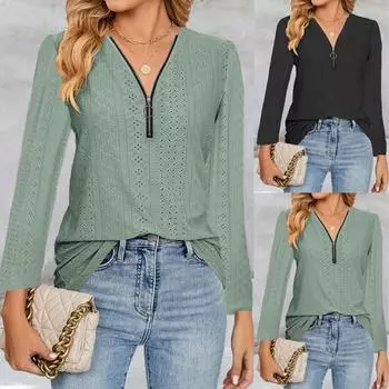 Женская модная осенне-зимняя однотонная футболка с длинным рукавом на молнии S зелёный