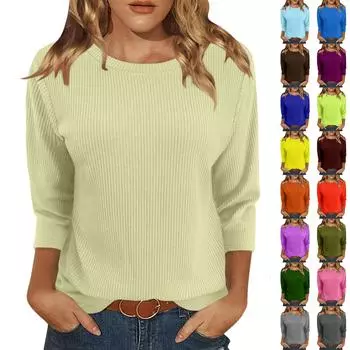 Женская модная осенне-зимняя повседневная футболка с круглым вырезом и рубчиком, однотонная, с рукавом три четверти, женская одежда S