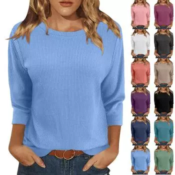Женская модная осенне-зимняя повседневная футболка с круглым вырезом и рубчиком, однотонная, с рукавом три четверти, женская одежда XL