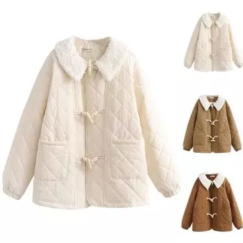 Женская модная осенне-зимняя свободная теплая хлопковая куртка с воротником из овечьей шерсти и пуговицами One Size бежевый
