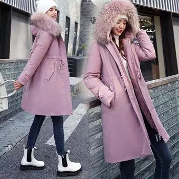 Женская модная осенне-зимняя тонкая утолщенная теплая хлопковая куртка средней длины M розовый