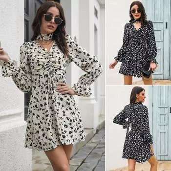 Женская модная осенняя мини-юбка с v-образным вырезом и расклешенными рукавами с цветочным принтом, шифоновые повседневные платья на шнуровке S чёрный