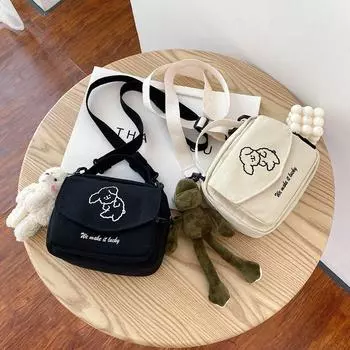 Женская модная парусиновая маленькая квадратная сумка, корейская версия, многофункциональная милая собака, диагональная посылка для мобильного телефона на одно плечо белый