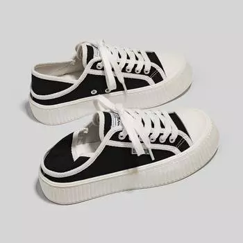 Женская модная парусиновая обувь 2024 года, летние новые модные повседневные универсальные легкие дышащие женские вулканизированные кроссовки на толстой подошве 35 чёрный