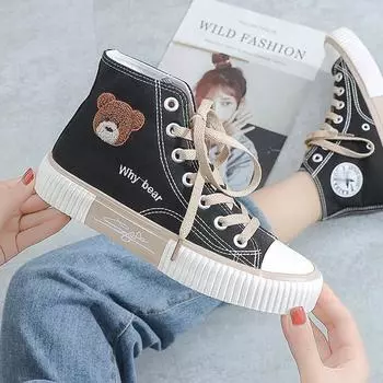 Женская модная парусиновая обувь с высоким берцем, дышащая удобная обувь для ходьбы, повседневная обувь 35 чёрный