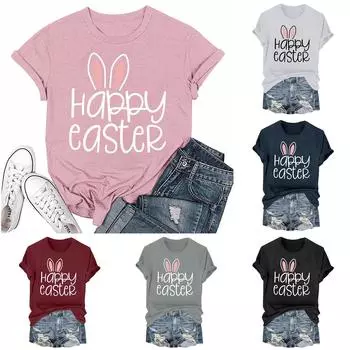 Женская модная пасхальная принтованная повседневная плиссированная круглая футболка с коротким рукавом S чёрный