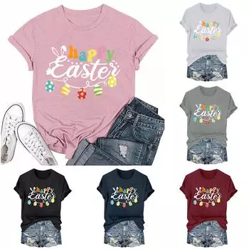 Женская модная пасхальная принтованная повседневная плиссированная круглая футболка с коротким рукавом XXL чёрный