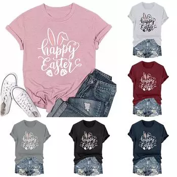 Женская модная пасхальная принтованная повседневная плиссированная круглая футболка с коротким рукавом L