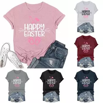 Женская модная пасхальная принтованная повседневная плиссированная круглая футболка с коротким рукавом L