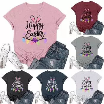 Женская модная пасхальная принтованная повседневная плиссированная круглая футболка с коротким рукавом S