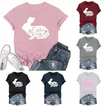 Женская модная пасхальная принтованная повседневная плиссированная круглая футболка с коротким рукавом XXL