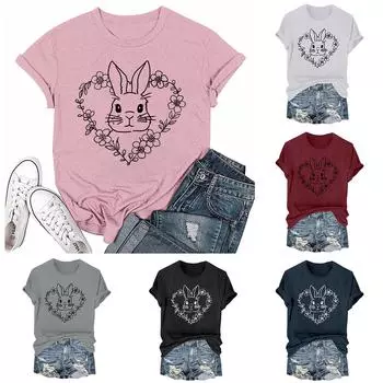 Женская модная пасхальная принтованная повседневная плиссированная круглая футболка с коротким рукавом S