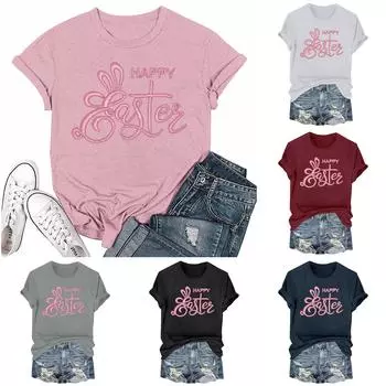Женская модная пасхальная принтованная повседневная плиссированная круглая футболка с коротким рукавом S