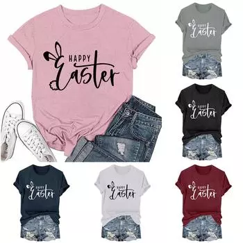 Женская модная пасхальная принтованная повседневная плиссированная круглая футболка с коротким рукавом L чёрный