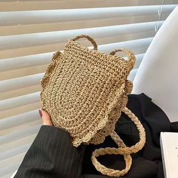 Женская модная плетеная сумка из соломы, плетеная сумка через плечо для отпуска, большая вместимость, этнический стиль для путешествий на пляж 17*5*18cm бежевый