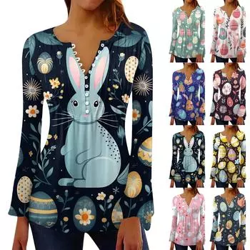 Женская модная плиссированная футболка с v-образным вырезом и длинными расклешенными рукавами с пасхальным принтом и пуговицами, топ XXXL
