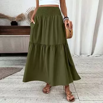 Женская модная плиссированная юбка с цветочным принтом и эластичным поясом, свободная юбка-трапеция с карманом L армия зеленый