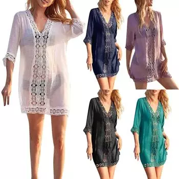 Женская модная пляжная кружевная лоскутная однотонная сексуальная свободная рубашка от солнца XXL чёрный