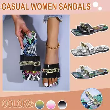 Женская модная пляжная обувь со змеиным принтом и цепочкой, летняя повседневная обувь с плоским носком 37 чёрный