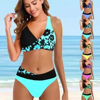 Женская модная пляжная одежда, черный купальник танкини с маленькими цветочками, женский купальник из двух частей, бикини, пляжный купальник S-6XL S