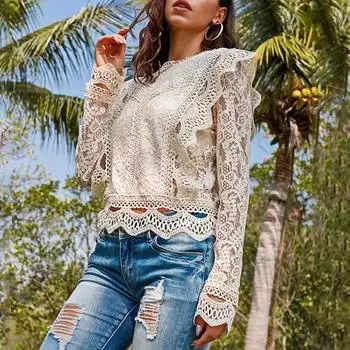 Женская модная полая кружевная рубашка с длинными рукавами Женская одежда S белый
