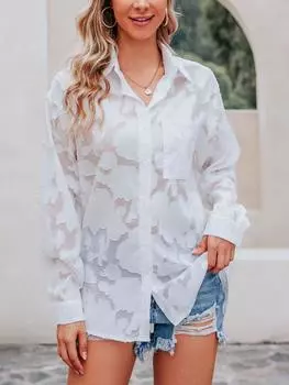 Женская модная Полая рубашка с длинным рукавом, сетчатая дизайнерская блузка, топы, осенние женские винтажные рубашки на пуговицах S белый