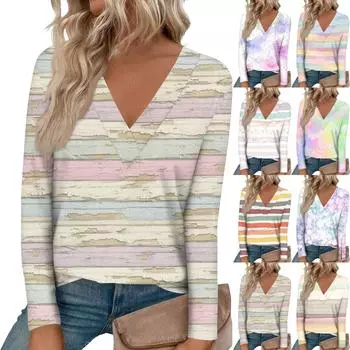Женская модная полосатая футболка с большим V-образным вырезом, прямыми плечами, закругленным подолом и длинным рукавом L