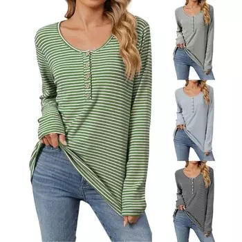 Женская модная полосатая футболка с круглым вырезом и длинными рукавами на пуговицах S зелёный