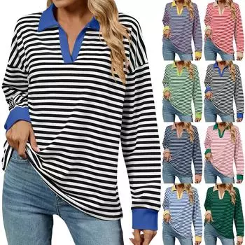 Женская модная полосатая футболка с V-образным вырезом и длинным рукавом, повседневная футболка, топ