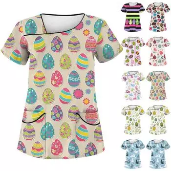 Женская модная полосатая градиентная рабочая одежда с пасхальным принтом и короткими рукавами с двойными карманами L синий