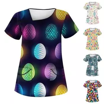 Женская модная полосатая градиентная рабочая одежда с пасхальным принтом и короткими рукавами с двойными карманами L