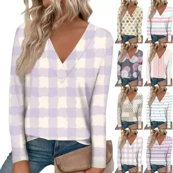 Женская модная полосатая клетчатая футболка с большим V-образным вырезом, прямыми плечами, закругленным подолом и длинным рукавом L