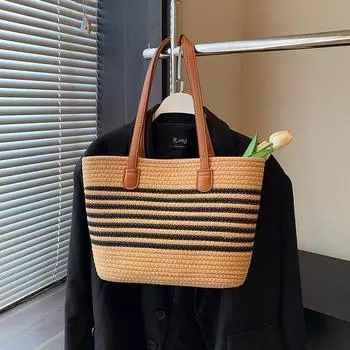 Женская модная полосатая летняя пляжная соломенная вязаная сумка на плечо, полые сумки ручной работы, портативная повседневная сумка большой вместительности