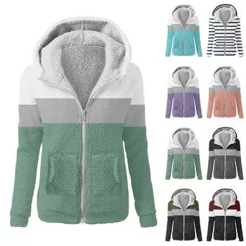 Женская модная полосатая лоскутная набивная плюшевая повседневная куртка на молнии с капюшоном L армия зеленый