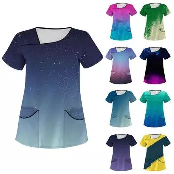 Женская модная полосатая рабочая одежда с градиентным принтом и короткими рукавами с верхом с двойными карманами XL циан