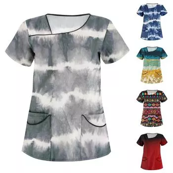 Женская модная полосатая рабочая одежда с градиентным принтом и короткими рукавами с верхом с двойными карманами XXL зелёный