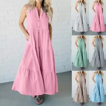 Женская модная полосатая рубашка без рукавов с v-образным вырезом, свободные повседневные платья L синий