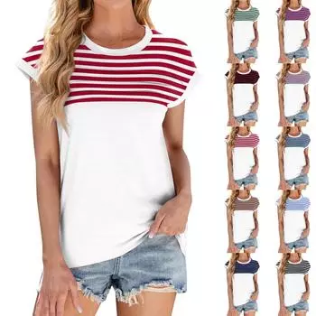 Женская модная повседневная базовая полосатая текстурированная футболка с круглым вырезом и жилеткой XXL чёрный