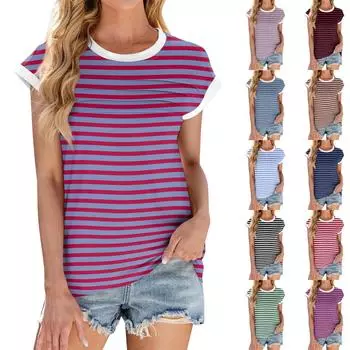 Женская модная повседневная базовая полосатая текстурированная футболка с круглым вырезом и жилеткой XXXL чёрный