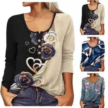 Женская модная повседневная блузка на пуговицах с длинным рукавом и винтажным принтом U-образным вырезом L бежевый