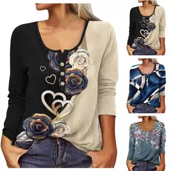 Женская модная повседневная блузка на пуговицах с длинным рукавом и геометрическим цветком, U-образным вырезом XXXL зелёный