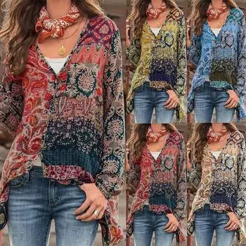 Женская модная повседневная блузка плюс размер с длинным рукавом и принтом, топ на пуговицах с v-образным вырезом L красный